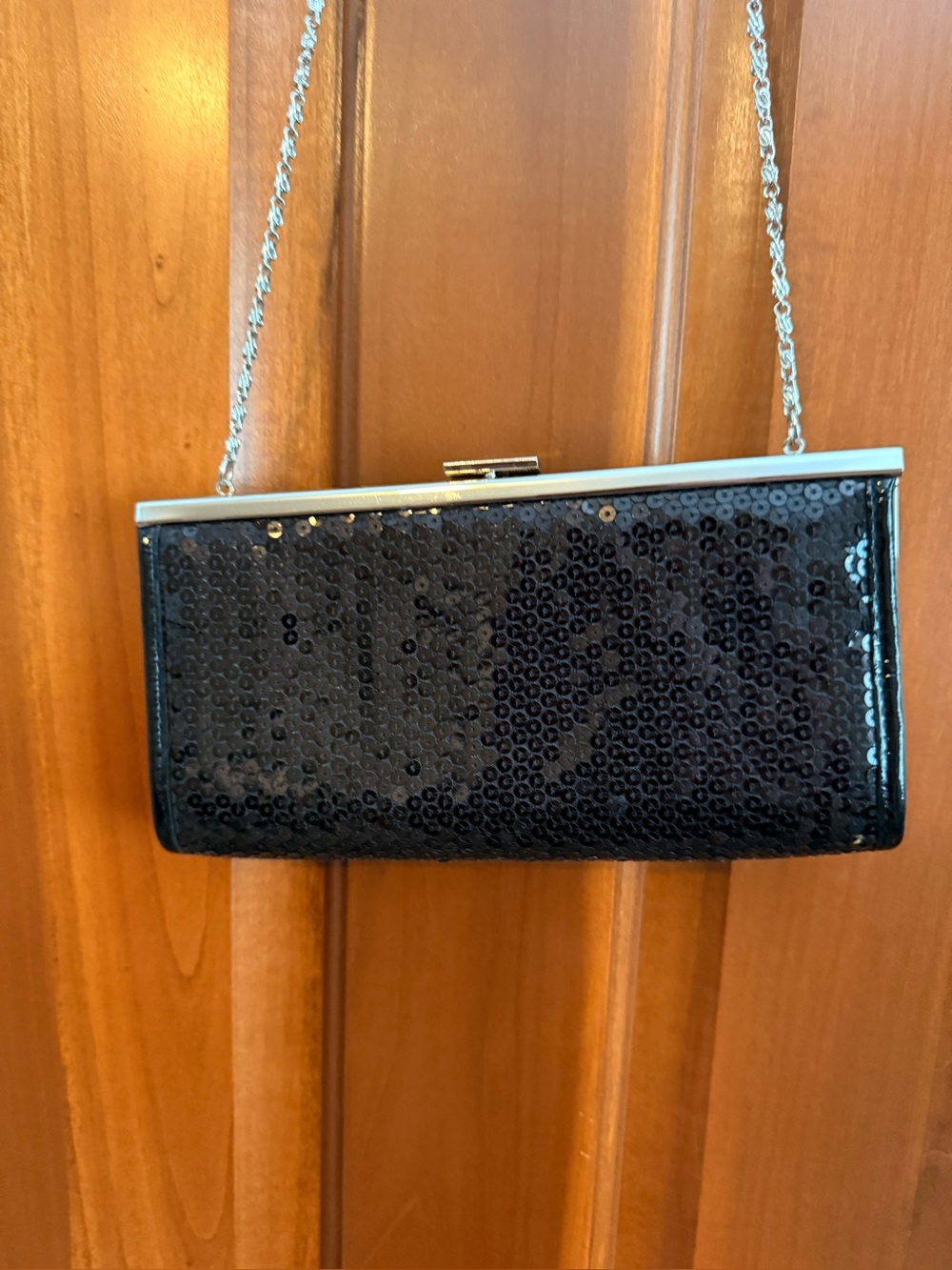 Worthington Black Sequin Evening Bag Silver Chain Clutch Y2K